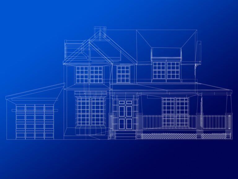 White wireframe architectural drawing of a two-story house with a garage, porch, and multiple windows on a blue gradient background, ideal for showcasing professional Drafting Services.