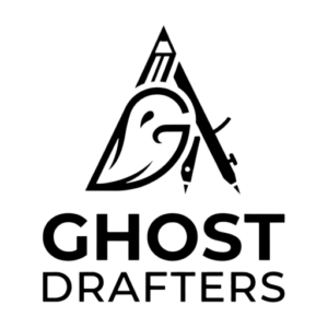 A black cat with yellow eyes is lying down and looking directly at the camera against a white background, resembling a stylized ghost perfect for a Ghost Drafters logo.