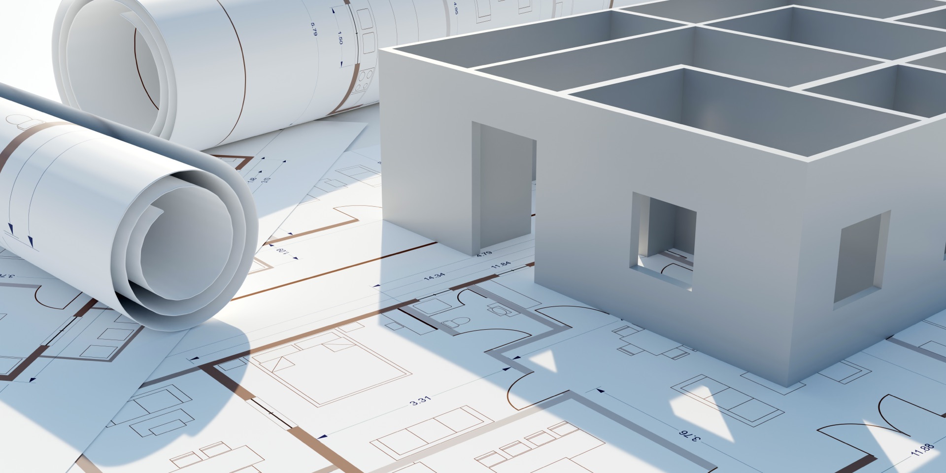 Ghost Drafters architecture design drawings, building model on blueprint floor plan, house construction. 3d