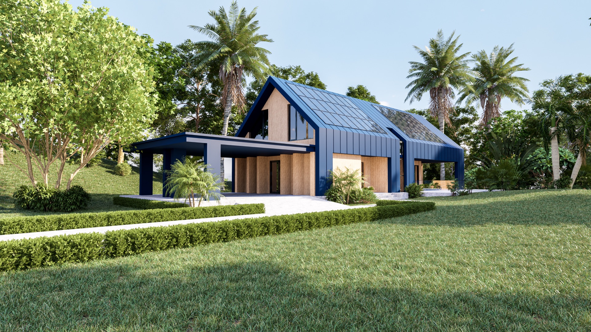 solar panels on the roof of the modern house,harvesting renewable energy with solar cell panels,exterior design.
