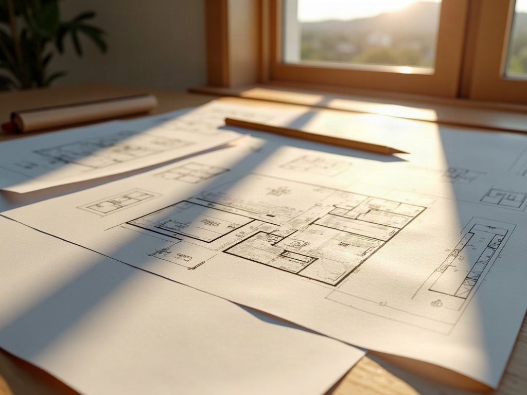 Photorealistic 3D Rendering A professional drafting workspace illustrating the conceptual design process for a residential home addition in Scottsdale, AZ