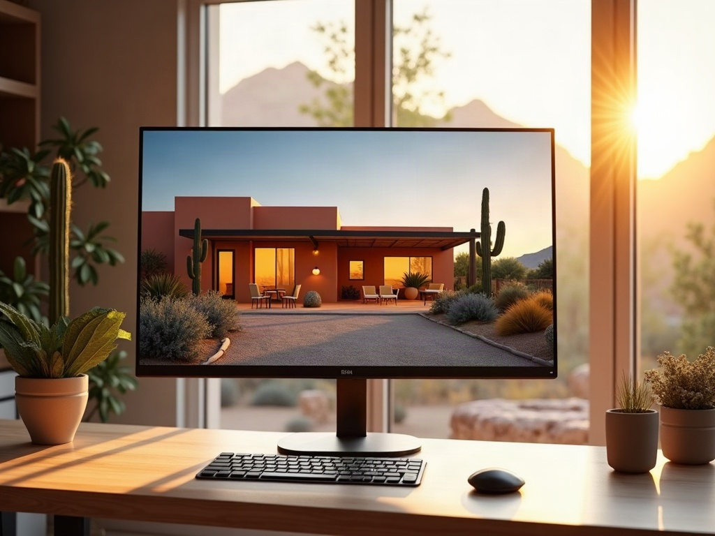 Photorealistic 3D Rendering Homeowner and designer reviewing a photorealistic 3D rendering as part of the conceptual design process for a Scottsdale home remodel