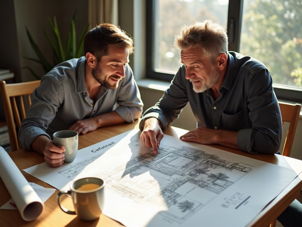 Design-Build Drafting & Renderings A homeowner and contractor reviewing a photorealistic 3D rendering of a planned home addition together at a drafting table.
