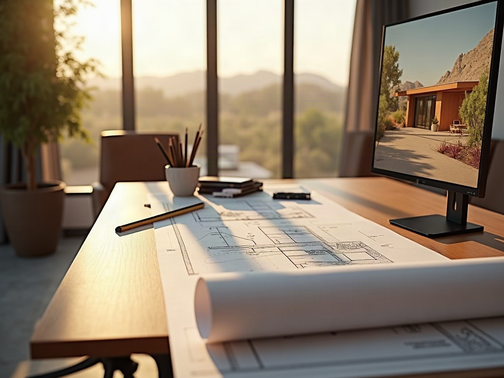 Conceptual Design Process A professional drafting studio workspace displaying construction documents and a photorealistic rendering for a luxury <span class="av_keyword">Conceptual Design Process</span> project in Scottsdale, AZ