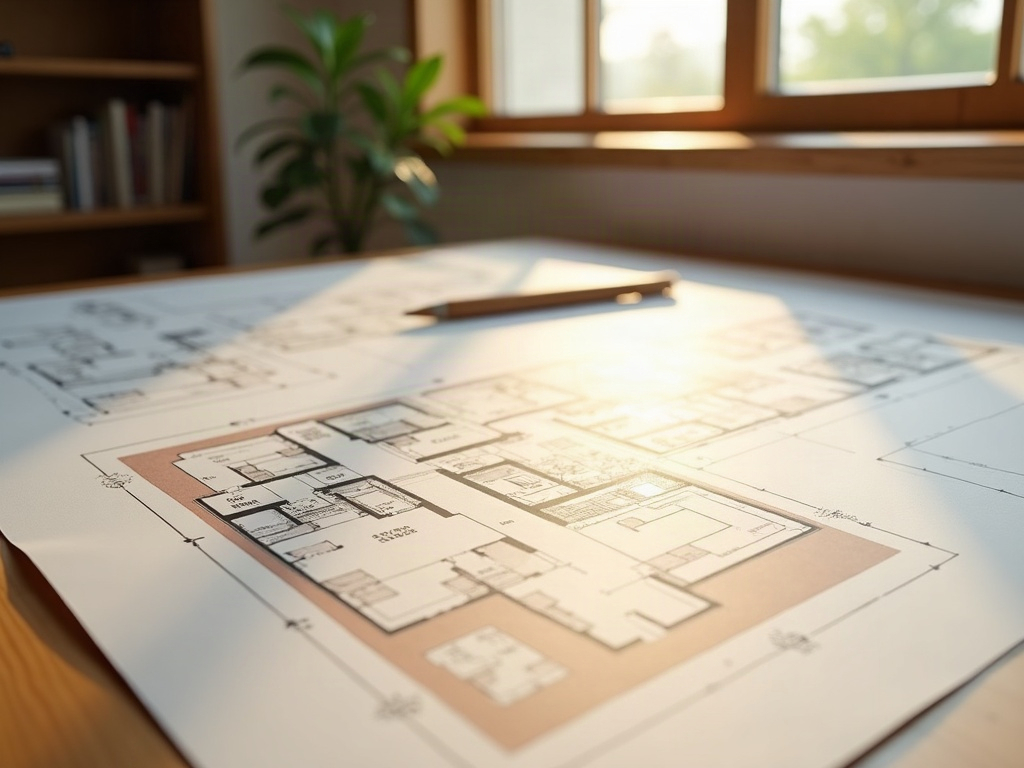 Design-Build Drafting & Renderings A homeowner and contractor reviewing a photorealistic 3D rendering of a planned home addition together at a drafting table.