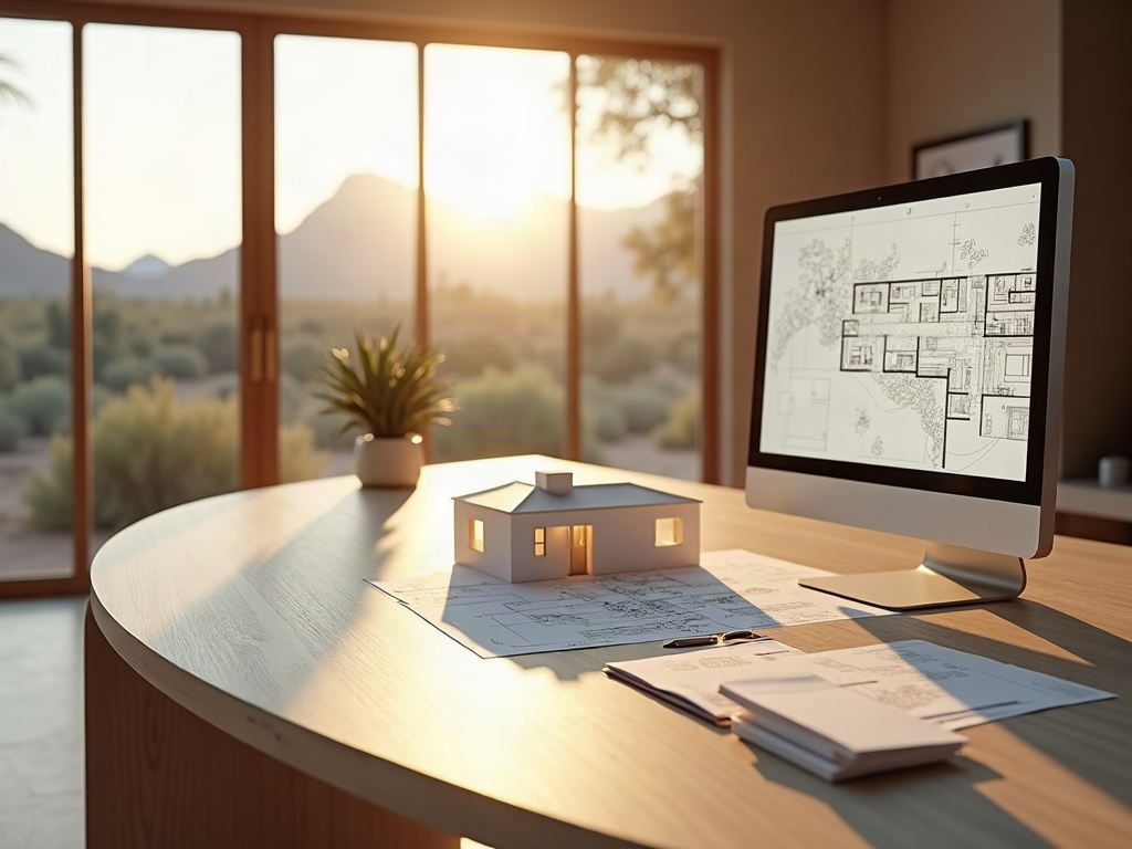 Photorealistic 3D Rendering A homeowner and contractor reviewing a photorealistic 3D rendering of a planned home addition together at a drafting table.