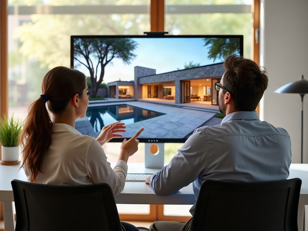 Photorealistic 3D Rendering Homeowners reviewing design-build contractor Scottsdale AZ permit drawings and photorealistic rendering before construction begins