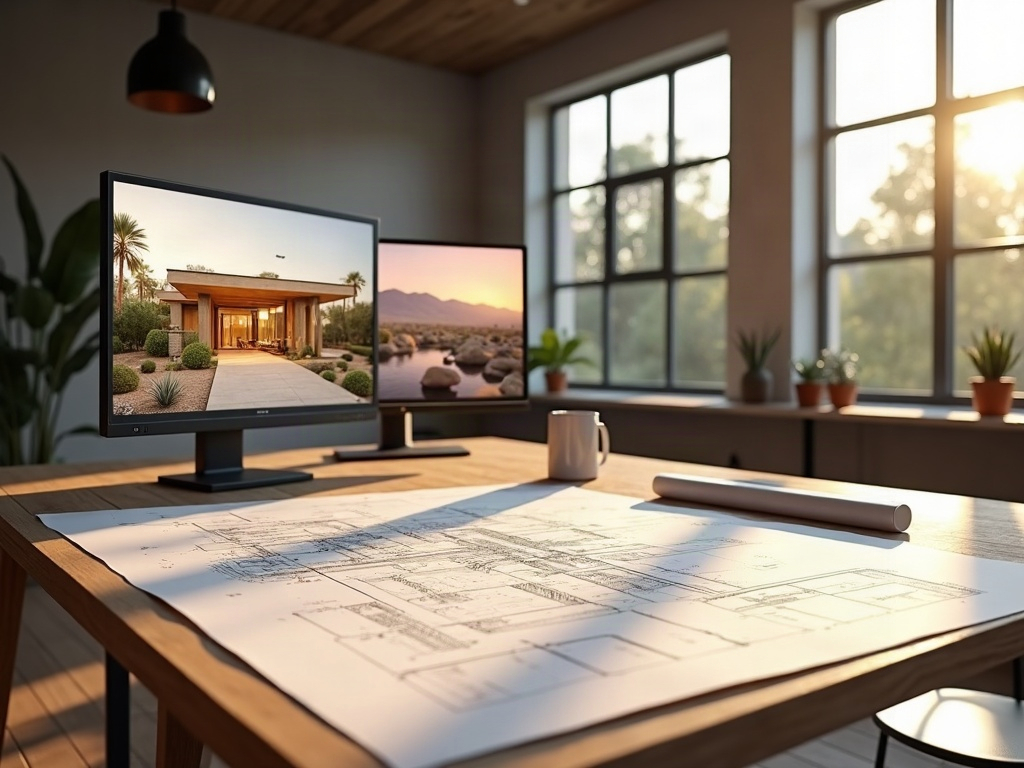 How an Online Drafting Service Works From Start to Permit-Ready — What to Expect at Every Step A permit-ready floor plan and photorealistic 3D rendering on a professional drafting table — the core deliverables in the online drafting service process at