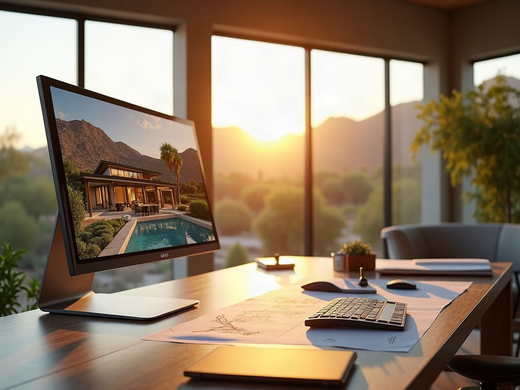 A multi structure property 3d rendering displayed on a studio monitor showing a desert-modern compound with main house and casita on a single Scottsdale lot