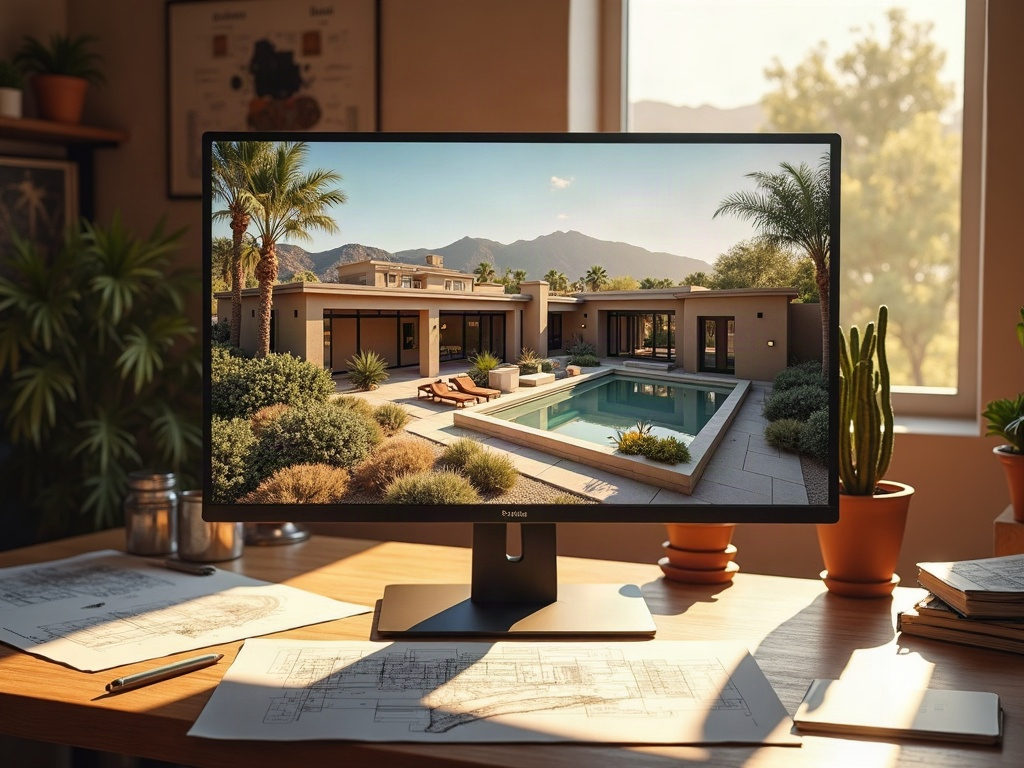 A multi structure property 3d rendering displayed on a studio monitor showing a desert-modern compound with main house and casita on a single Scottsdale lot