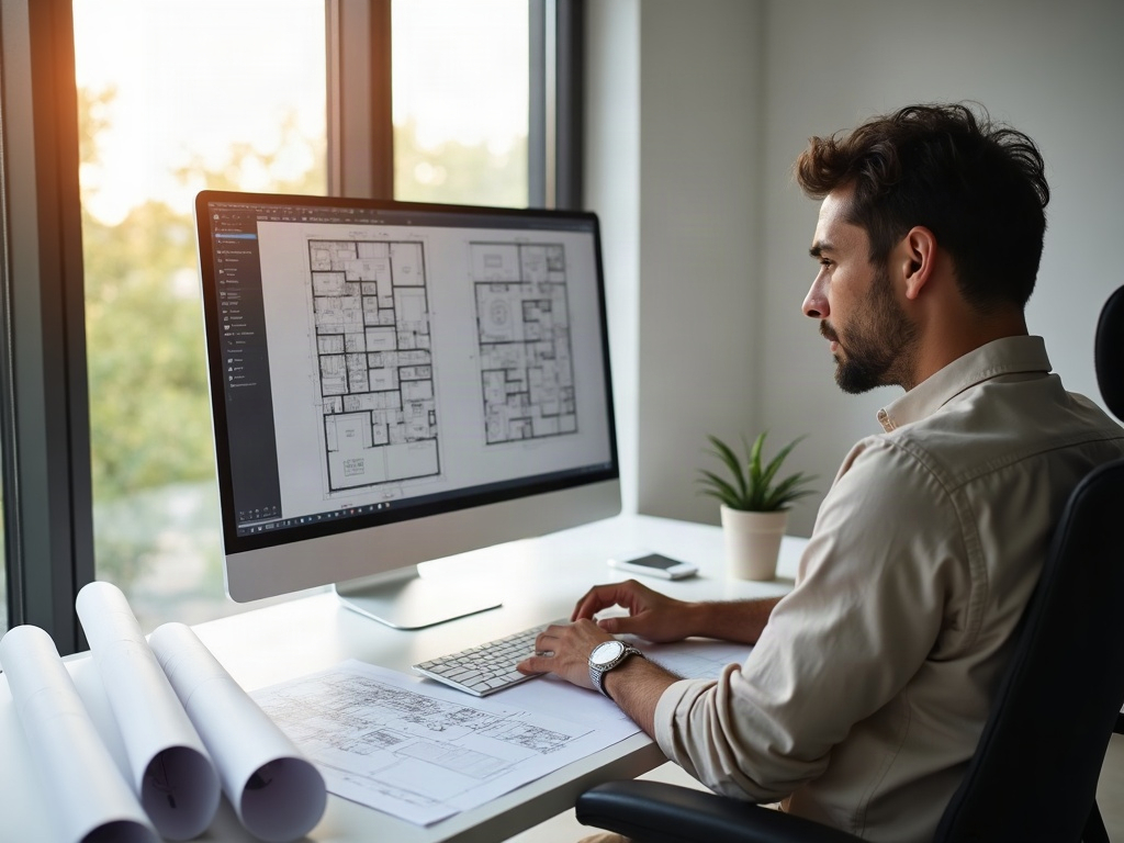 A professional drafter reviewing permit-ready CAD drawings on screen — the kind of work that answers does Arizona require a licensed architect for residential plans