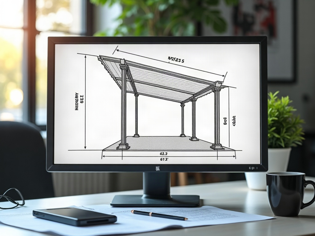 Sail Shade and Shade Structure Drawings: What Arizona Municipalities Want to See Before They Approve A permit drafting professional reviewing detailed shade structure permit drawings arizona plans spread across a clean, well-lit desk showing footing, elevation, and connection detail sheets.