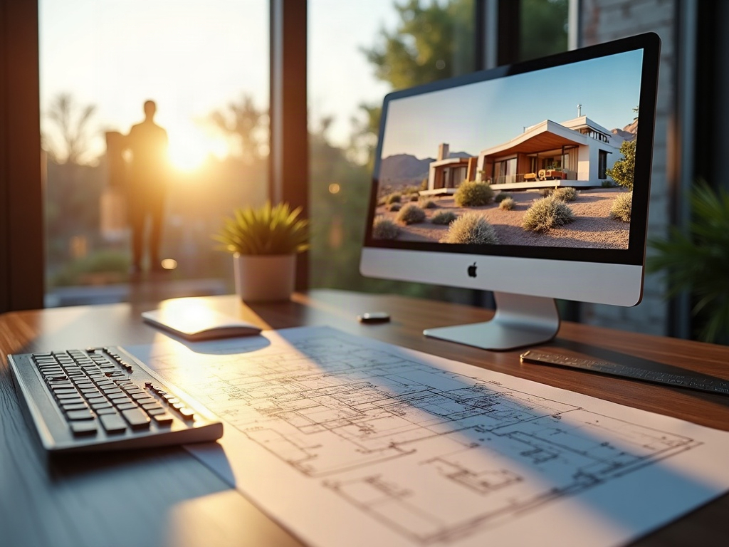A detailed modern desert home rendering displayed on a drafting workstation alongside a printed site plan and floor plan for a custom Scottsdale desert home project.