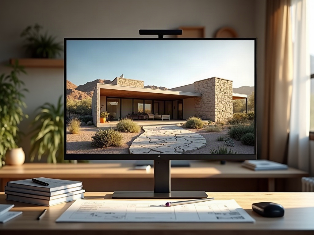 A detailed modern desert home rendering displayed on a drafting workstation alongside a printed site plan and floor plan for a custom Scottsdale desert home project.