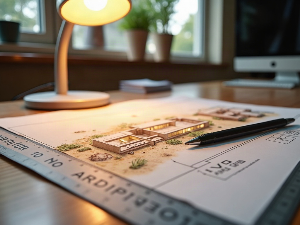 A detailed modern desert home rendering displayed on a drafting workstation alongside a printed site plan and floor plan for a custom Scottsdale desert home project.