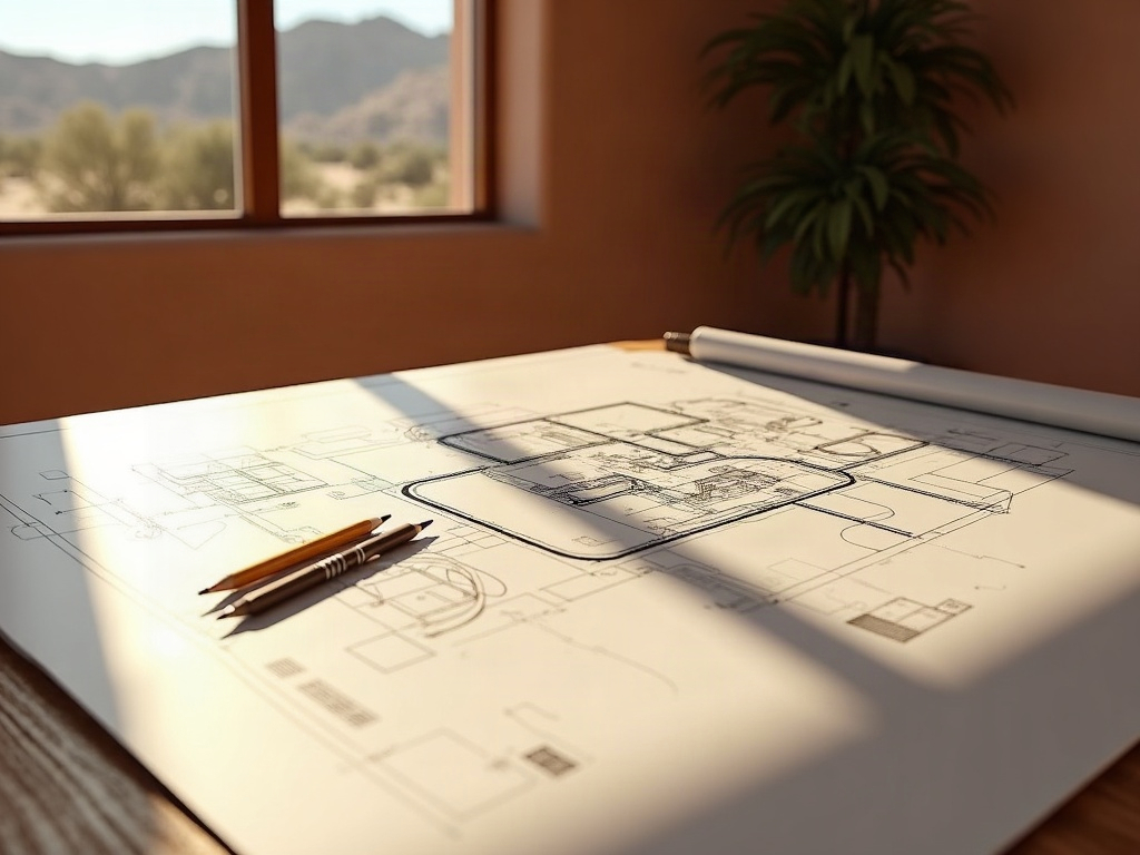 Detailed permit-ready CAD drawings on a drafting table representing the questions to ask a drafting service before hiring in Scottsdale AZ