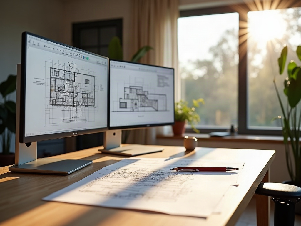 Crawlspace Conversion to Usable Space: What the Drawings Have to Resolve Before the City Will Even Look at It A professional CAD workstation showing detailed crawlspace conversion permit drawings with structural sections and floor plans spread across dual monitors in a bright Arizona drafting office.