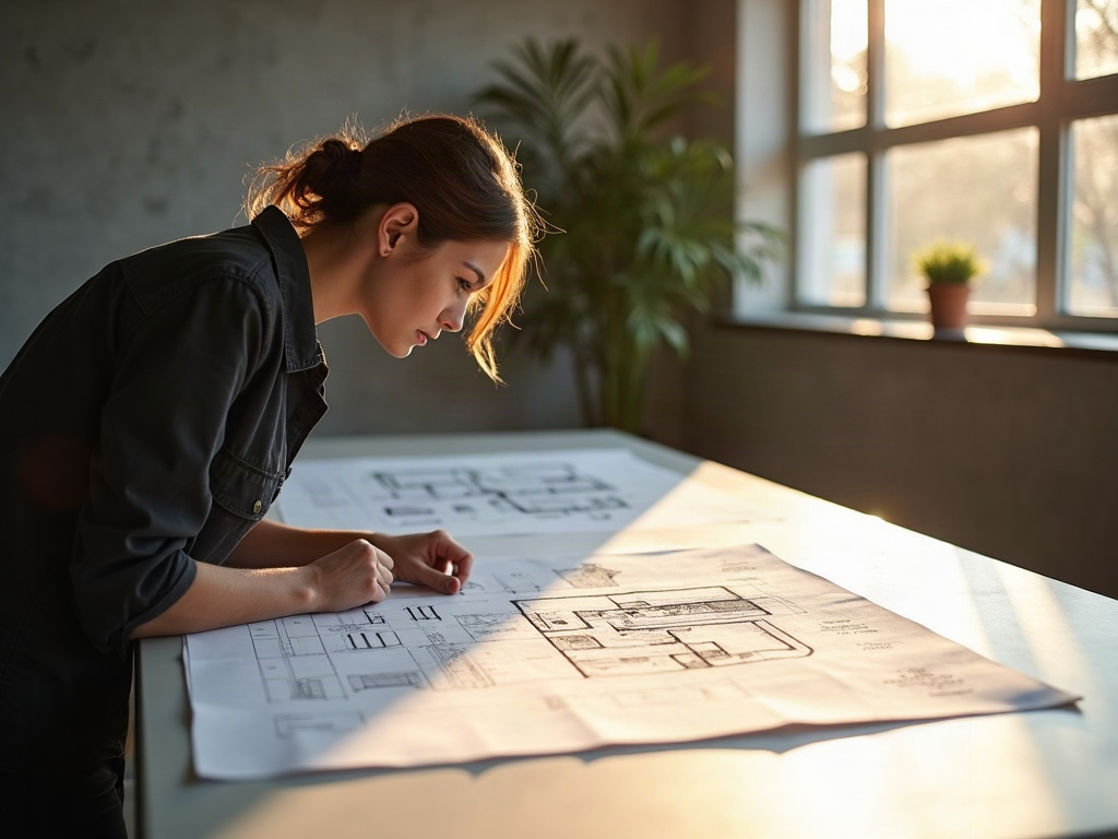 A drafting professional reviewing detailed construction section drawings on a light table — the key to understanding construction section drawings for custom homes in Scottsdale.