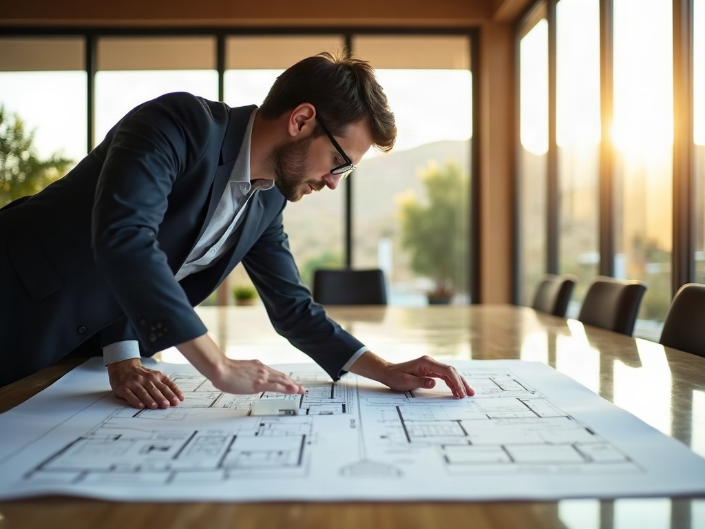 A drafting professional reviewing detailed construction section drawings on a light table — the key to understanding construction section drawings for custom homes in Scottsdale.