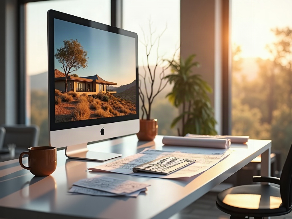 A professional drafting studio showing CAD permit drawings and a 3D rendering on screen, illustrating how much can you save using a drafter instead of an architect in a real project workflow