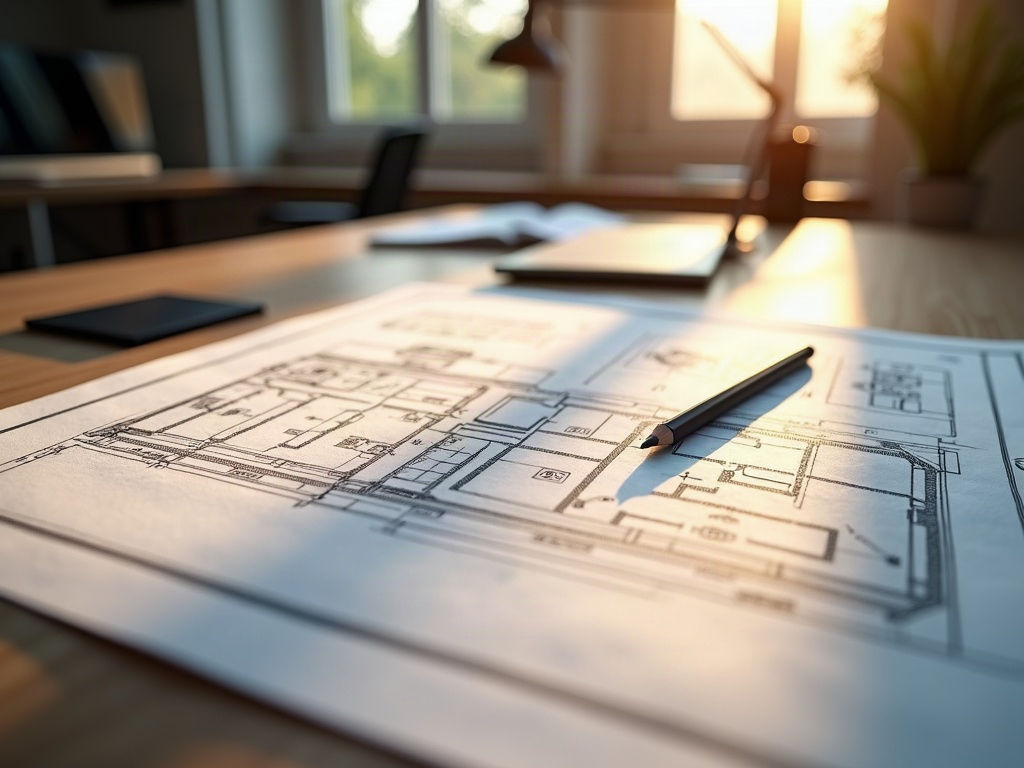 A professional drafting studio showing CAD permit drawings and a 3D rendering on screen, illustrating how much can you save using a drafter instead of an architect in a real project workflow