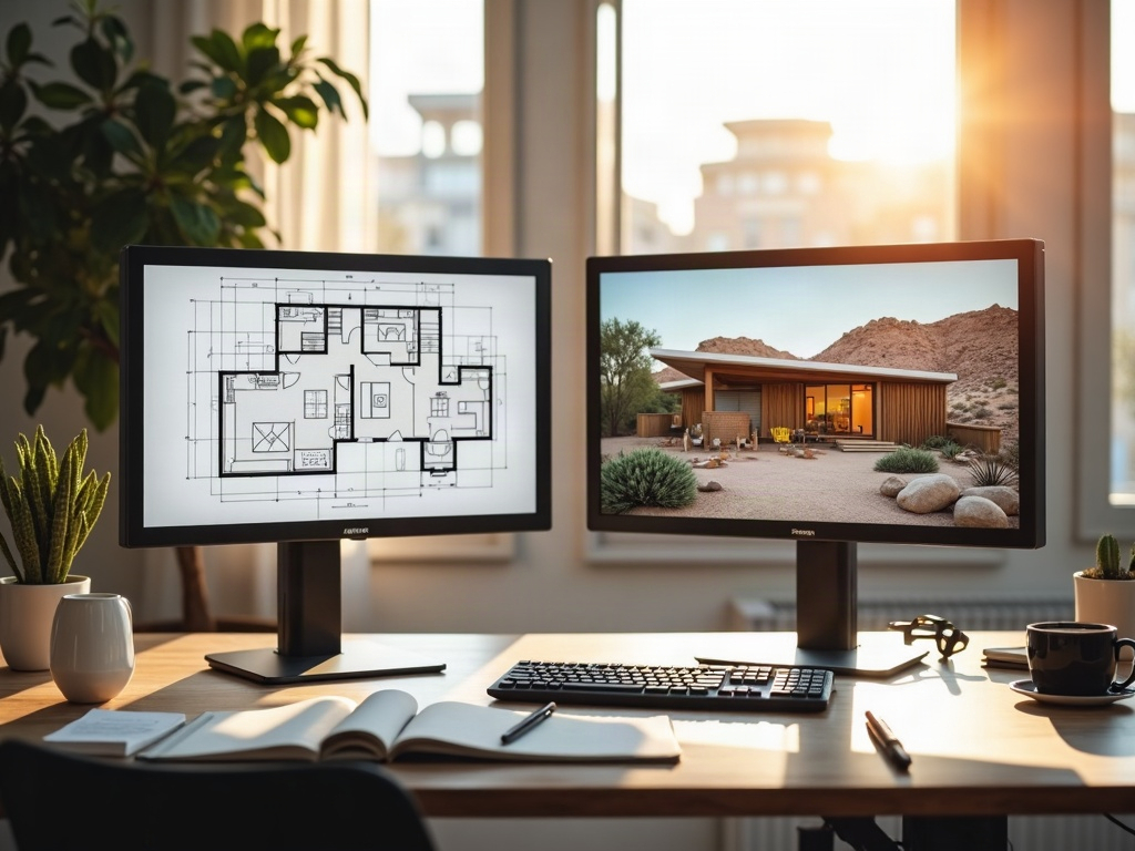 A professional drafting studio showing CAD permit drawings and a 3D rendering on screen, illustrating how much can you save using a drafter instead of an architect in a real project workflow