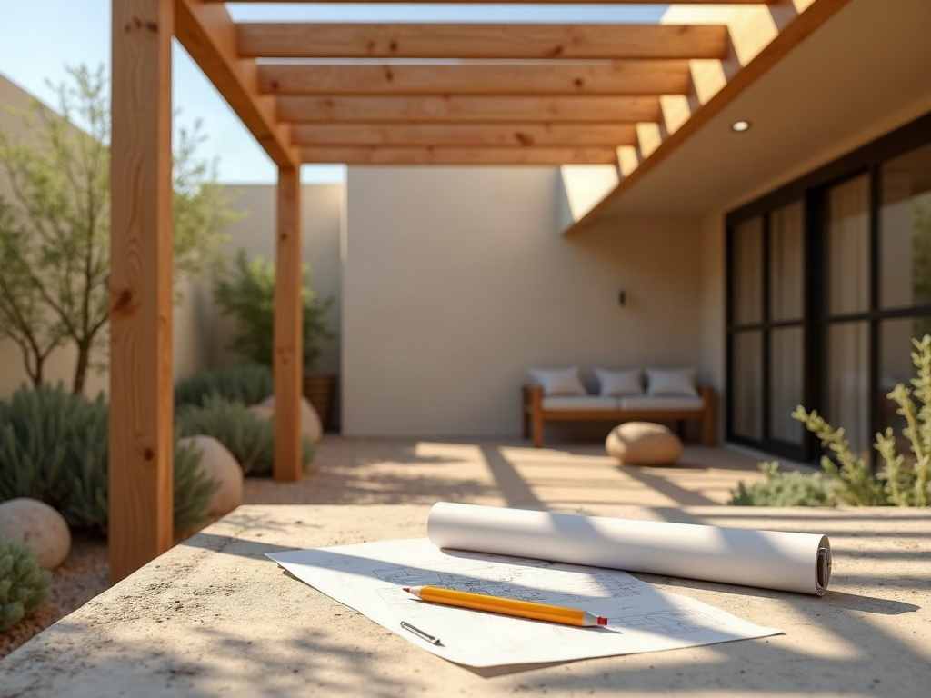 Permit-ready trellis and pergola permit drawings laid out beside a newly constructed desert backyard pergola in Scottsdale, Arizona