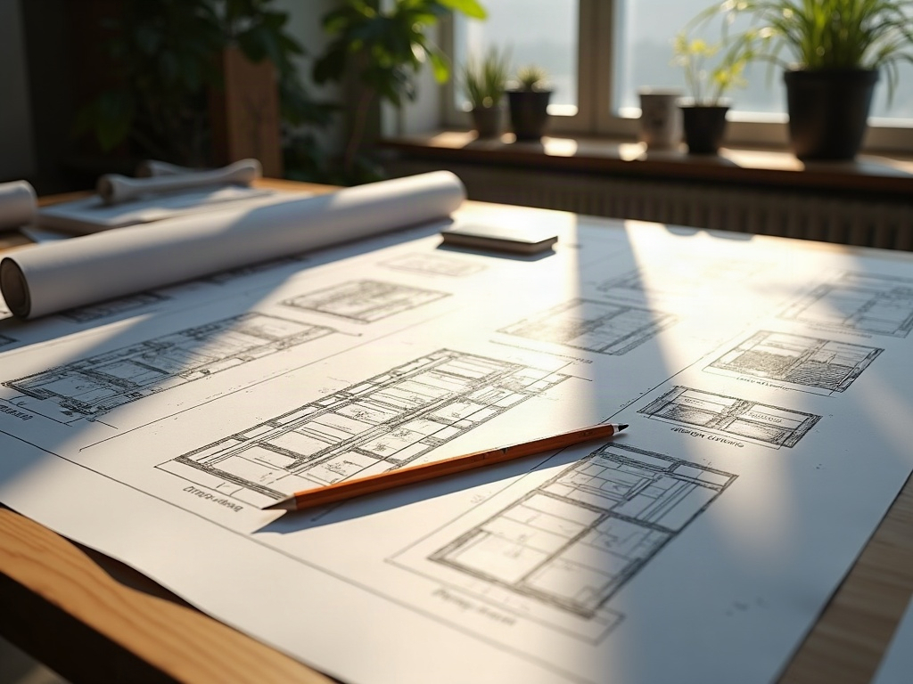 A detailed permit drawing set laid out on a drafting table — illustrating why you need complete permit drawings before breaking ground on a Scottsdale project.