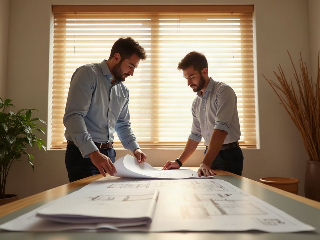A detailed permit drawing set laid out on a drafting table — illustrating why you need complete permit drawings before breaking ground on a Scottsdale project.