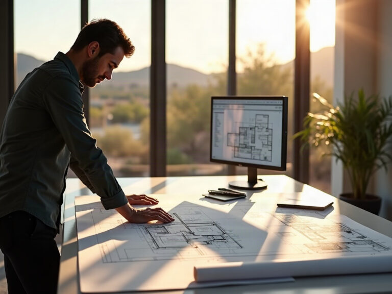 Why Plans Get Rejected at the Building Department — and How to Avoid It A drafting professional carefully reviewing permit-ready architectural drawings on a light table — the kind of thorough plan check process that prevents what causes plan check failure