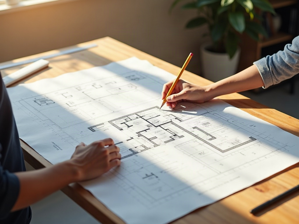 A drafting professional carefully reviewing permit-ready architectural drawings on a light table — the kind of thorough plan check process that prevents what causes plan check failure
