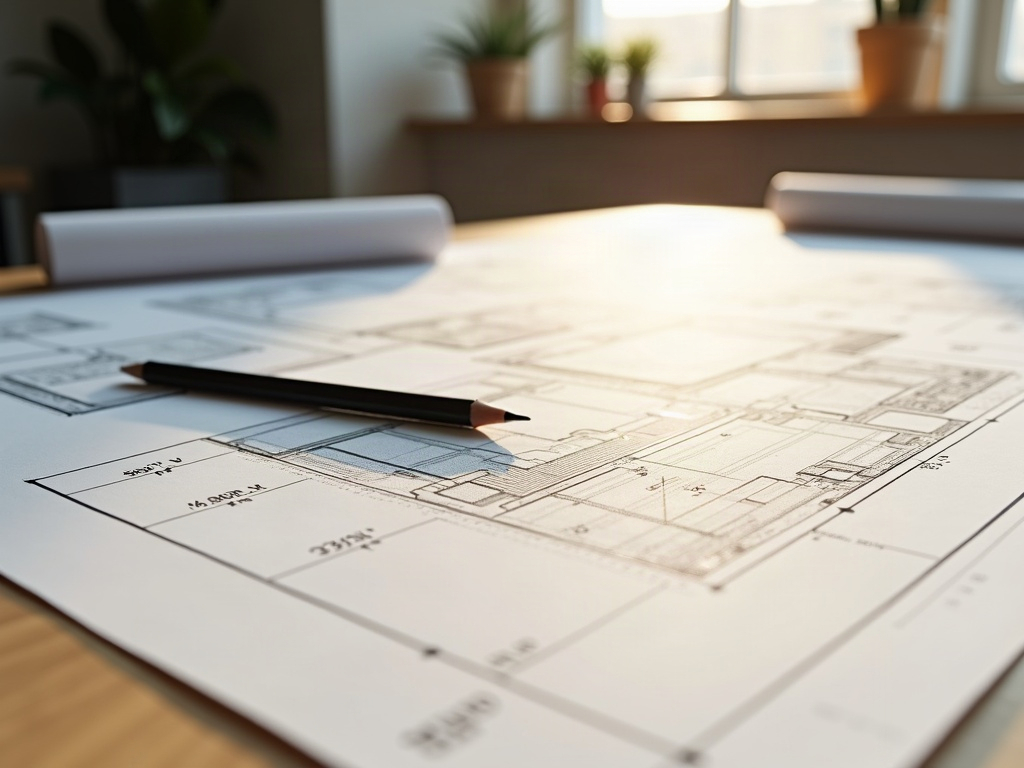 Permit-ready CAD drawing set for an outdoor kitchen fire pit addition plans project displayed on a professional drafting desk in warm natural light