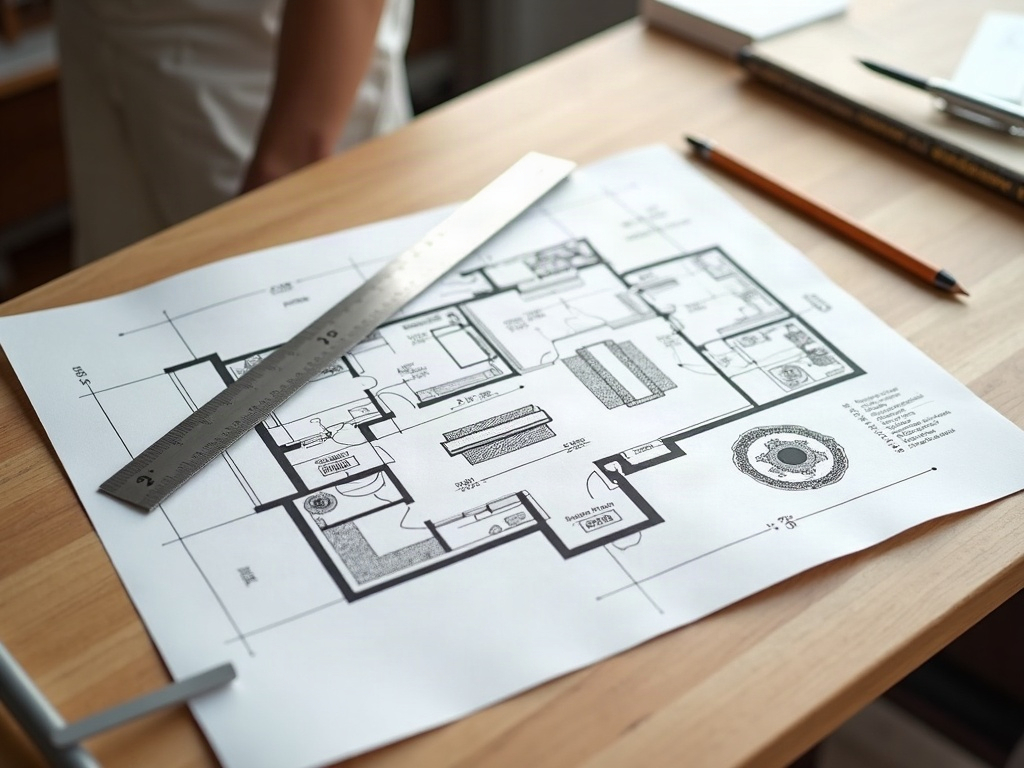 Permit-ready CAD drawing set for an outdoor kitchen fire pit addition plans project displayed on a professional drafting desk in warm natural light