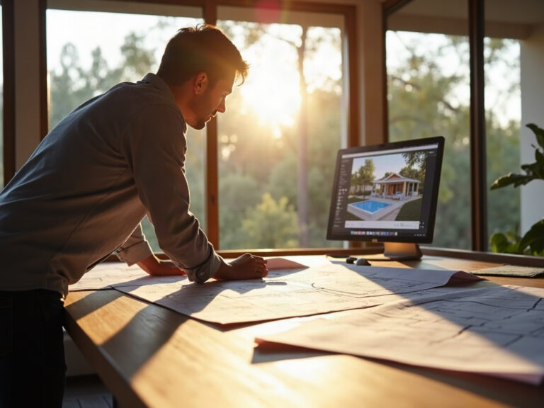 A drafting professional reviewing permit-ready teardown and rebuild plans Scottsdale on a wide studio desk with 3D rendering visible on a monitor