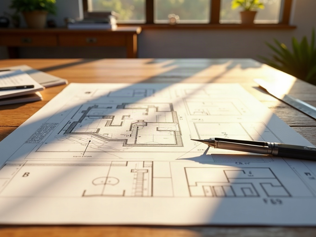 Teardown and Rebuild in Scottsdale: What the Drawing Package Looks Like When You're Starting From Zero on an Existing Lot A drafting professional reviewing permit-ready teardown and rebuild plans Scottsdale on a wide studio desk with 3D rendering visible on a monitor