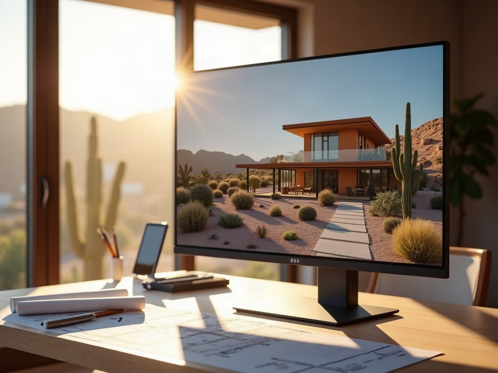 Teardown and Rebuild in Scottsdale: What the Drawing Package Looks Like When You're Starting From Zero on an Existing Lot A drafting professional reviewing permit-ready teardown and rebuild plans Scottsdale on a wide studio desk with 3D rendering visible on a monitor