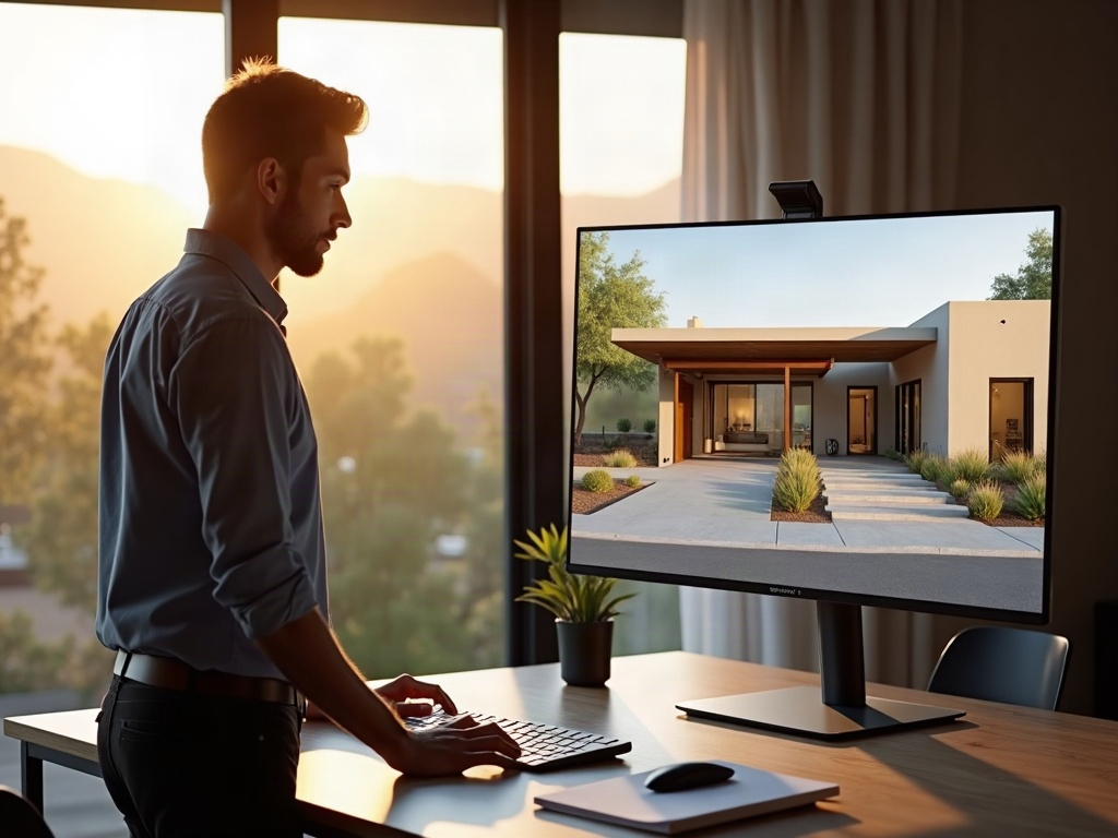 How to Use a 3D Rendering to Get Sharper, More Competitive Bids From Contractors A drafter reviewing a detailed how to use 3d renderings to get better bids on a large studio monitor showing a photorealistic Arizona custom home exterior