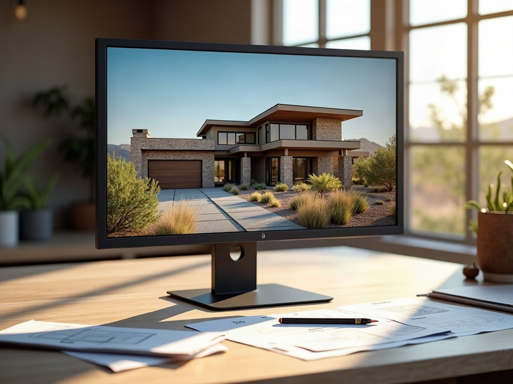 How to Use a 3D Rendering to Get Sharper, More Competitive Bids From Contractors A drafter reviewing a detailed how to use 3d renderings to get better bids on a large studio monitor showing a photorealistic Arizona custom home exterior