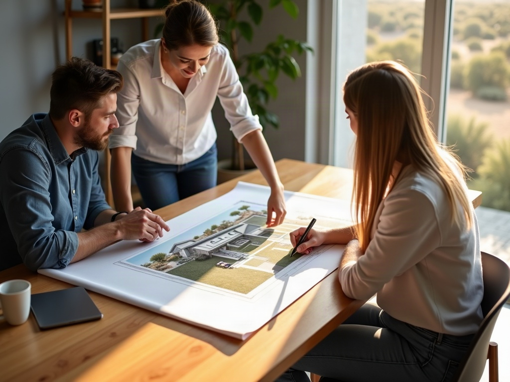 How to Use a 3D Rendering to Get Sharper, More Competitive Bids From Contractors A drafter reviewing a detailed how to use 3d renderings to get better bids on a large studio monitor showing a photorealistic Arizona custom home exterior