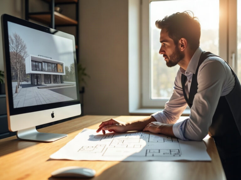 A professional reviewing permit-ready CAD drawings at a modern drafting desk — the kind of what to look for in a white label drafting service setup that keeps contractor projects on schedule