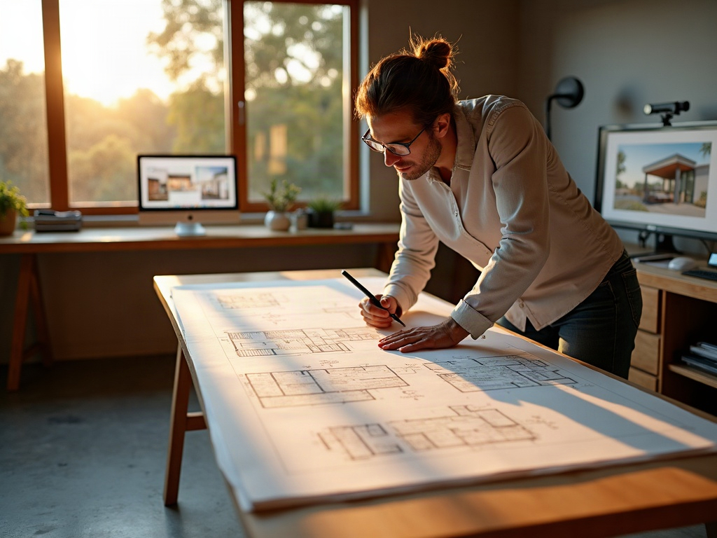 A drafting professional reviewing primary bedroom suite addition drawings spread across a clean drafting table with a 3D rendering visible on an adjacent monitor