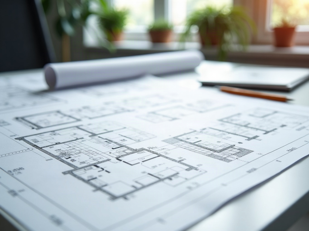 A drafting professional reviewing primary bedroom suite addition drawings spread across a clean drafting table with a 3D rendering visible on an adjacent monitor