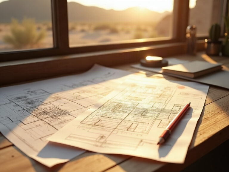 Permit-ready residential construction drawings and a plan check correction letter on a drafting desk, illustrating the plan check resubmission service process