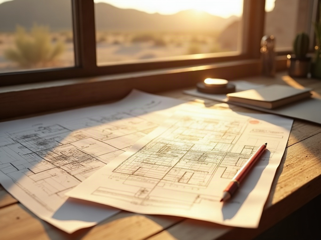 Permit-ready residential construction drawings and a plan check correction letter on a drafting desk, illustrating the plan check resubmission service process