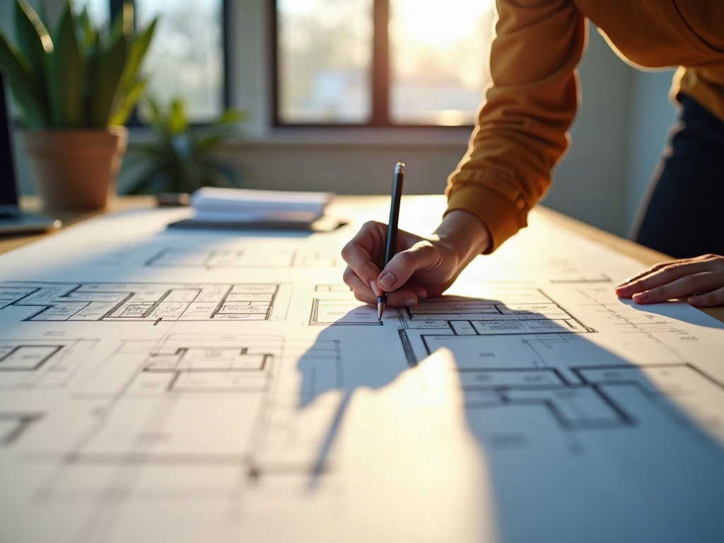 Permit-ready residential construction drawings and a plan check correction letter on a drafting desk, illustrating the plan check resubmission service process
