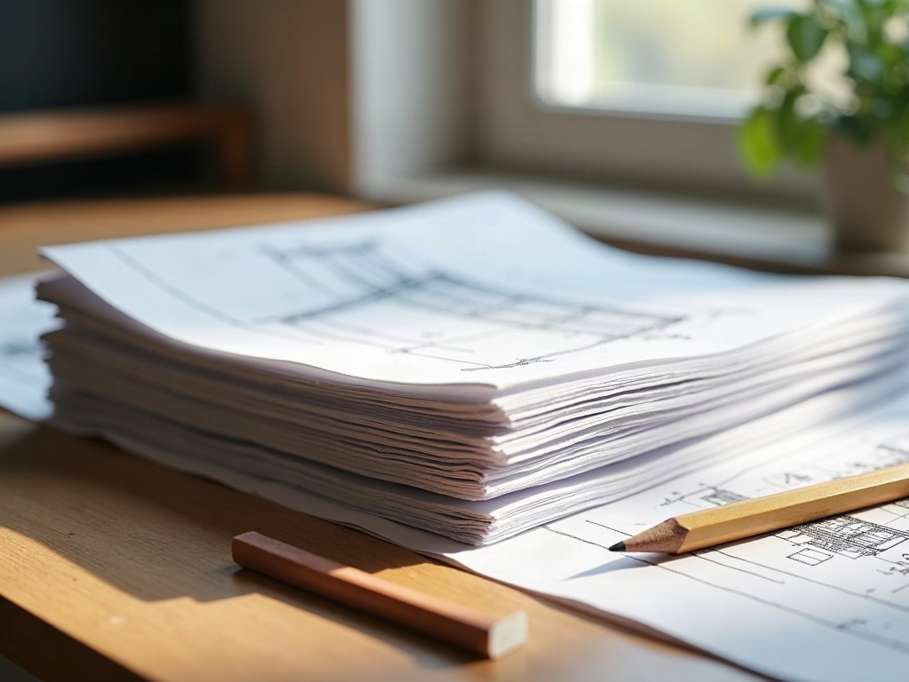 Permit-ready residential construction drawings and a plan check correction letter on a drafting desk, illustrating the plan check resubmission service process