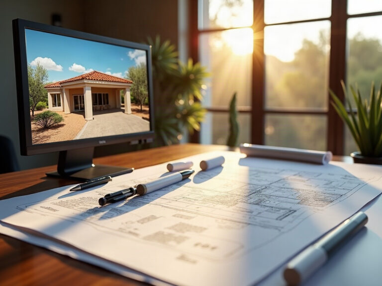 Detailed permit drawing set for covered outdoor kitchen drawings displayed on a professional CAD workstation alongside a 3D rendered view of the finished structure