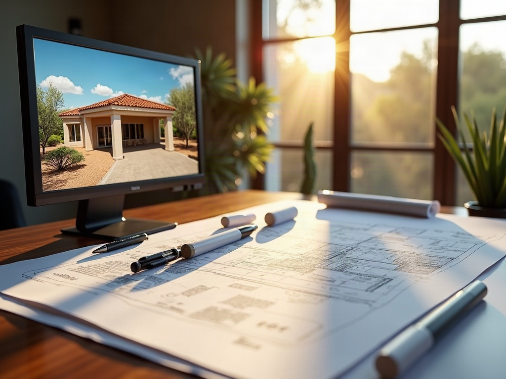 Detailed permit drawing set for covered outdoor kitchen drawings displayed on a professional CAD workstation alongside a 3D rendered view of the finished structure
