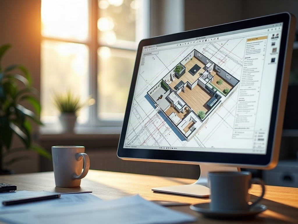 Detailed permit drawing set for covered outdoor kitchen drawings displayed on a professional CAD workstation alongside a 3D rendered view of the finished structure