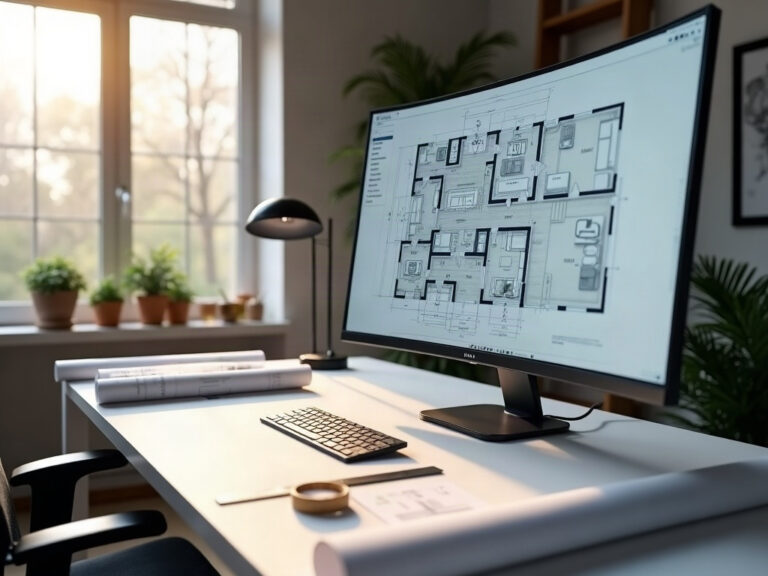 A drafting professional reviewing detailed unpermitted addition drawings to legalize on a CAD workstation with printed plan sheets on the desk
